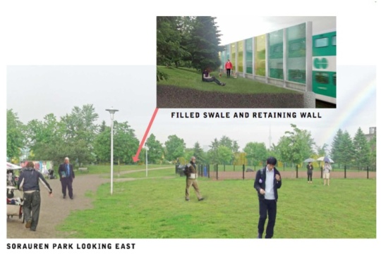 Noise wall proposal for Sorauren Park including filled-in swale