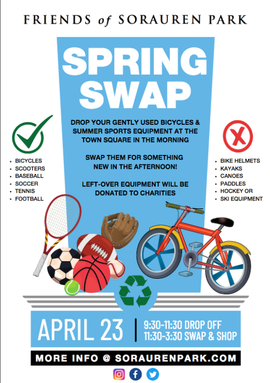 Poster announcing Spring Swap April 23 at Sorauren Park Town Square. 